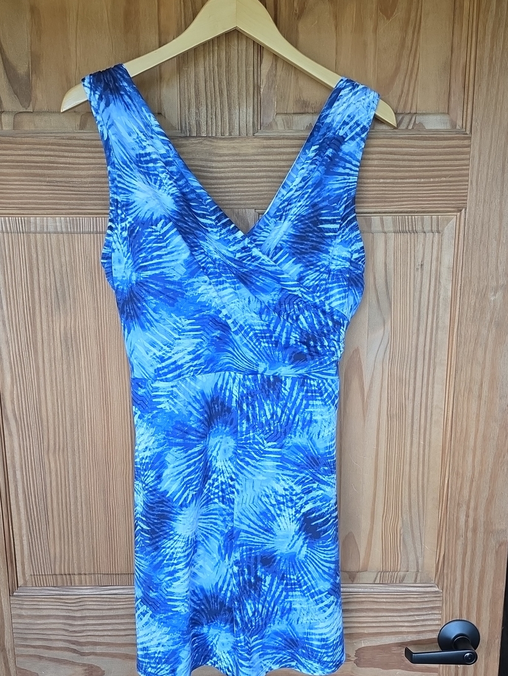 Lands' End Tummy Control Surplice Swim Dress Blue Palm - 14